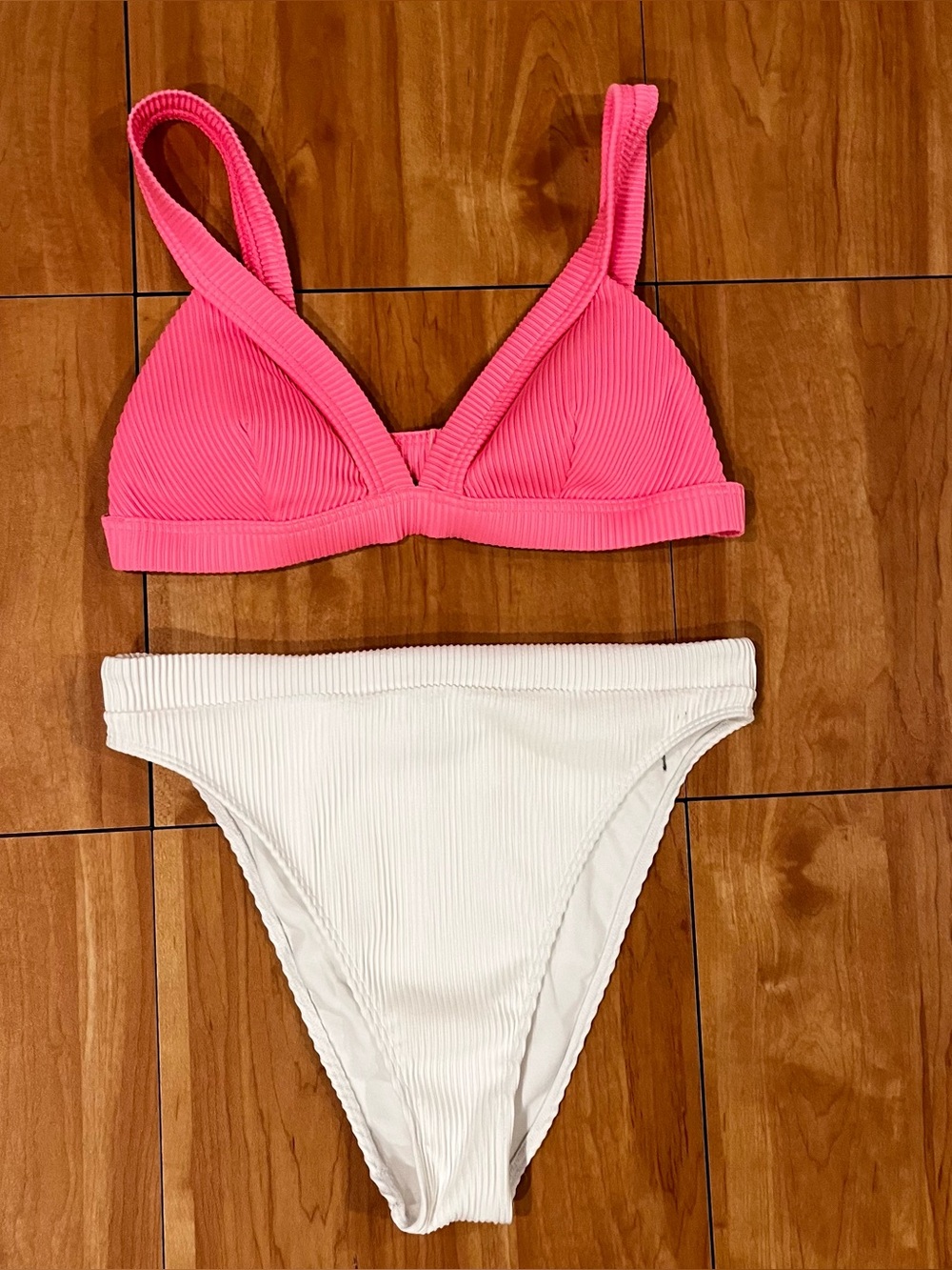 Hollister Ribbed Bikini Set Pink & White Colorblock Swimsuit Size L